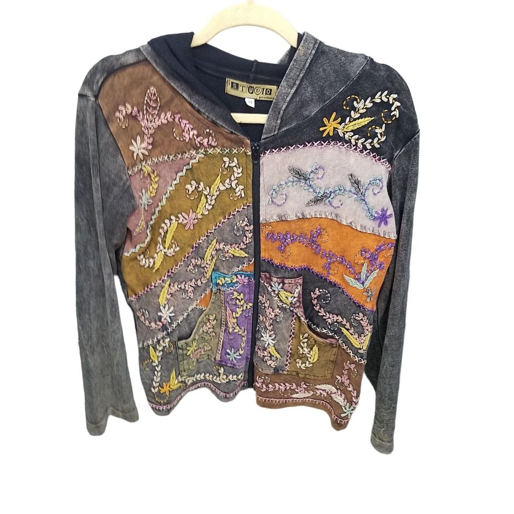 Art Studio Produce Womens Sz M Multicolor Patchwork Long Sleeve Hooded Jacket